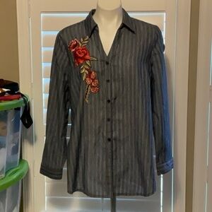 Unique Spectrum Gray Striped Button Down Shirt with Red Floral Embroidery